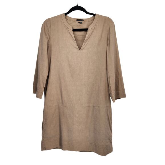 Theory | Helda Linen-Blend Tan Minimalist Tunic Mini Dress Women's 4 - Picture 2 of 9